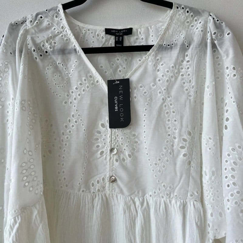 New Look Curves White Embroidered Peplum Blouse - Size 20