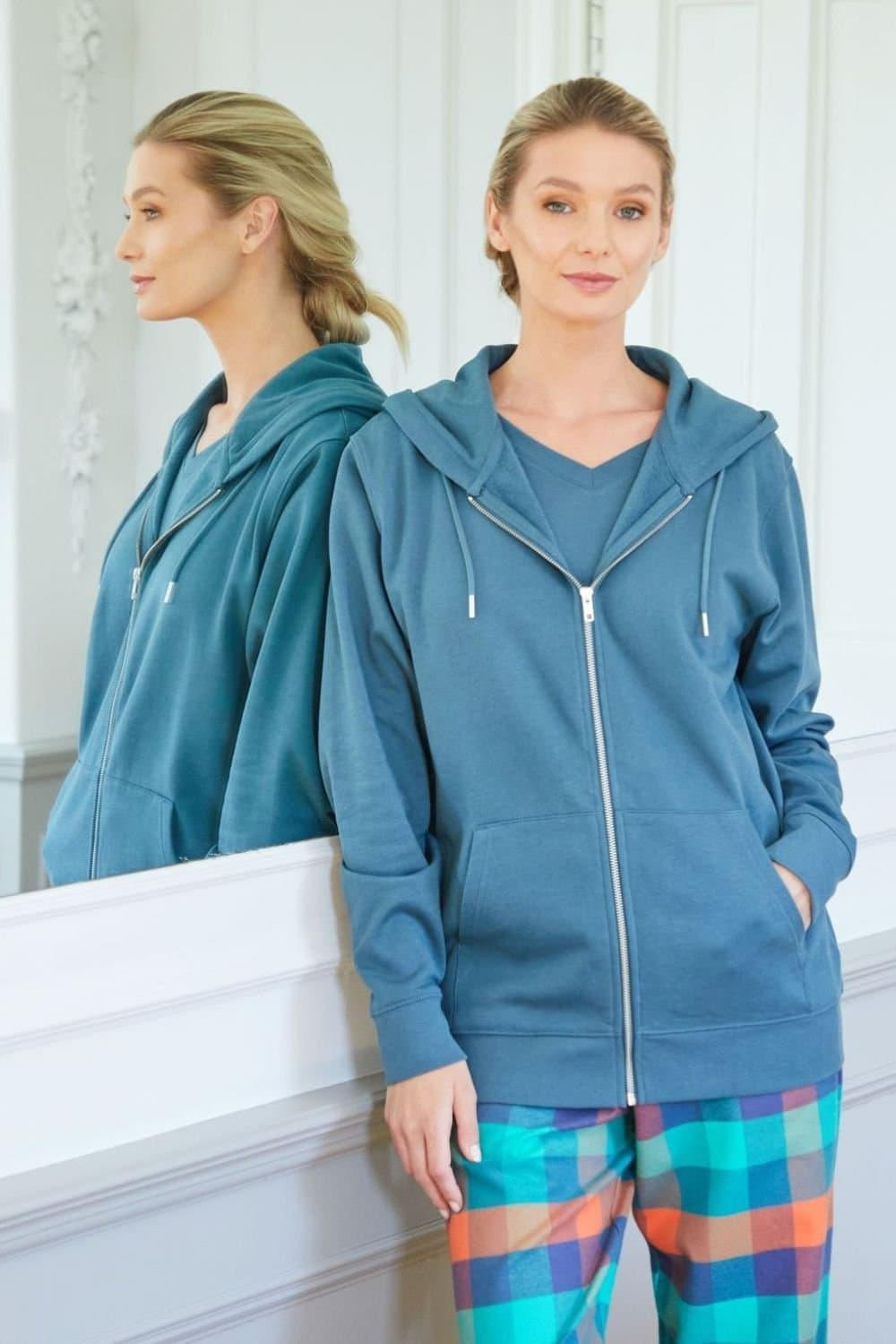 British Boxers British Boxers Women's "Petrol" Cotton Zip-up Hoodie in Teal