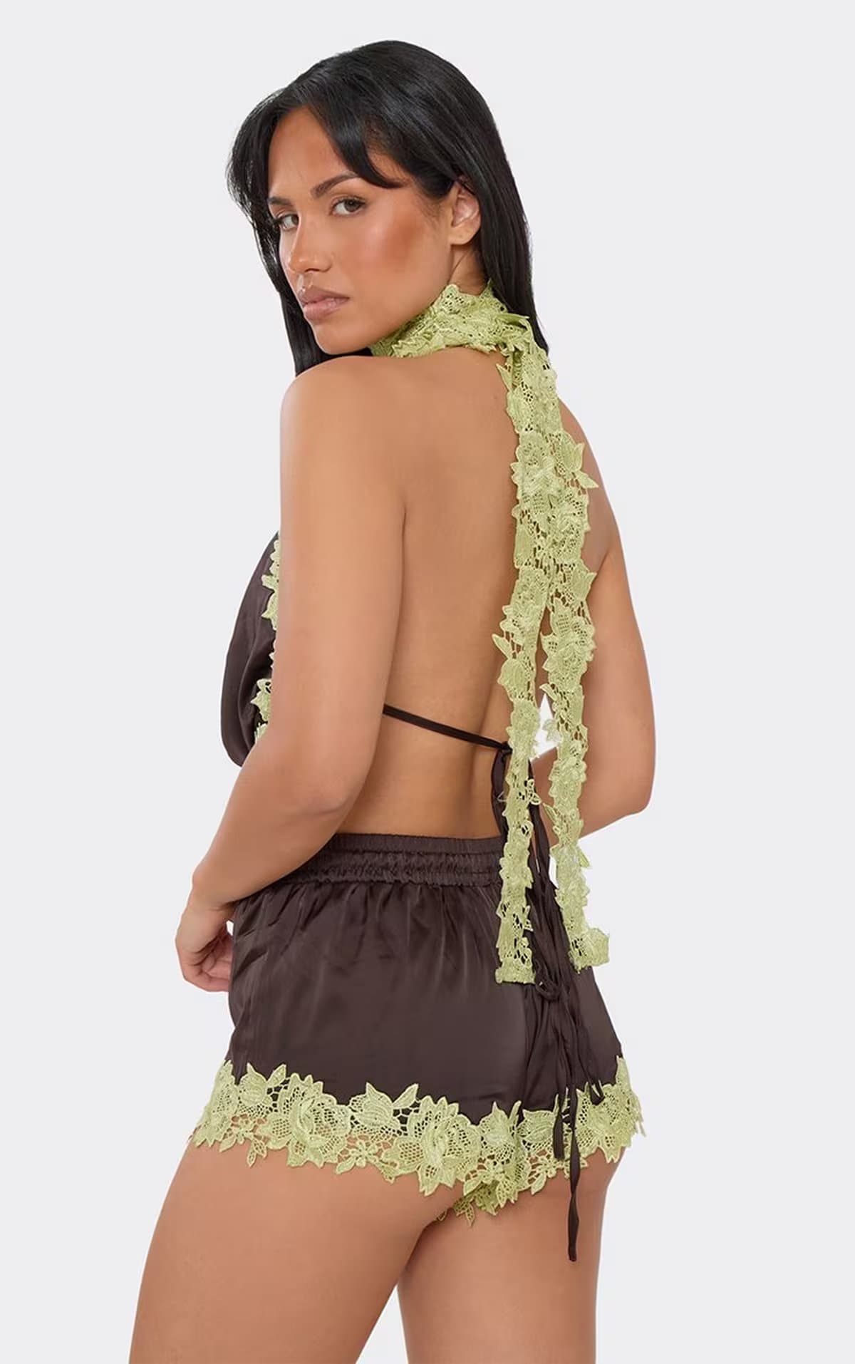 EGO Mid Rise Contrast Lace Trim Mini Shorts In Brown, Women's Size UK 6