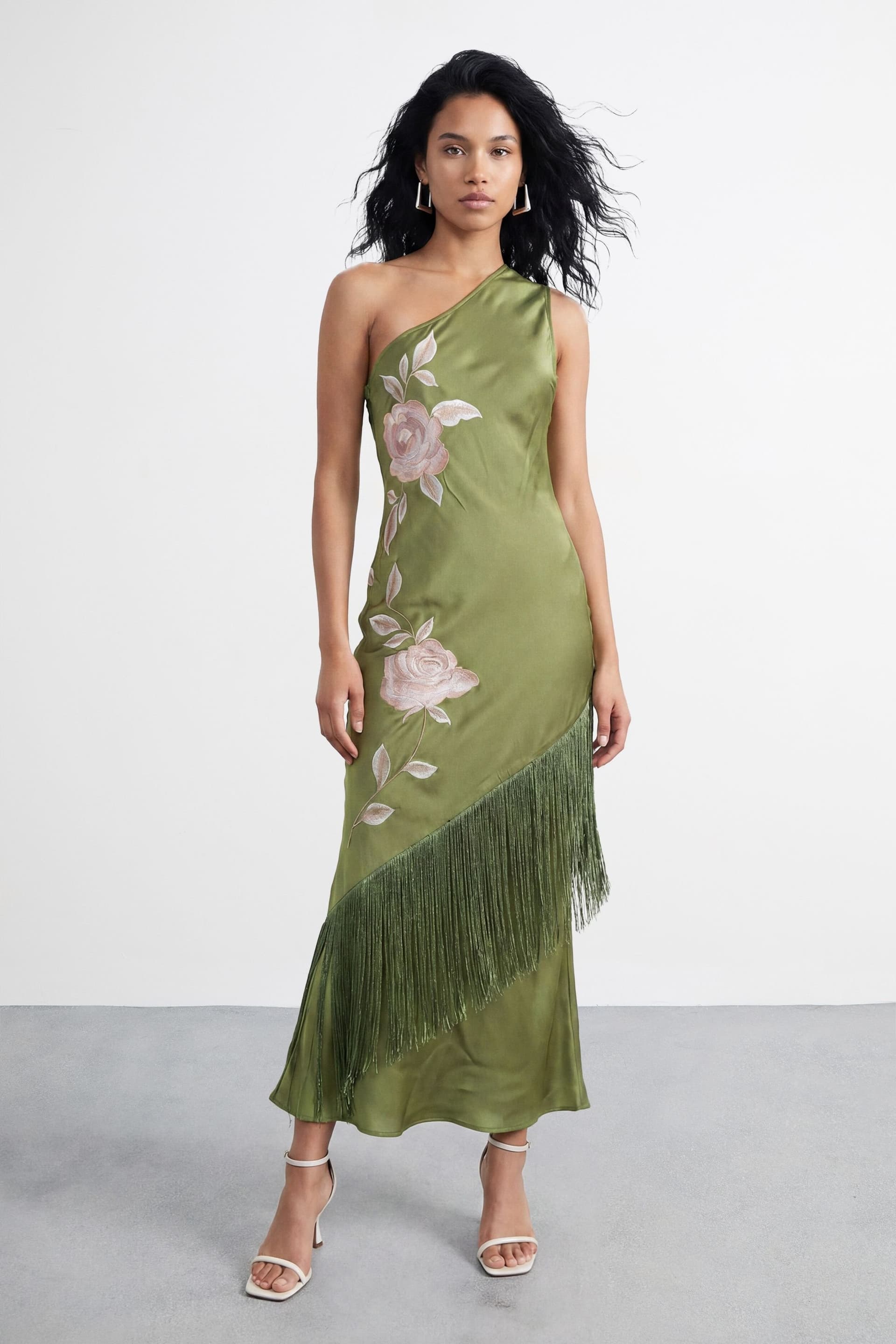Warehouse Warehouse Women's One Shoulder Embroidered Fringed Midi Dress in Olive