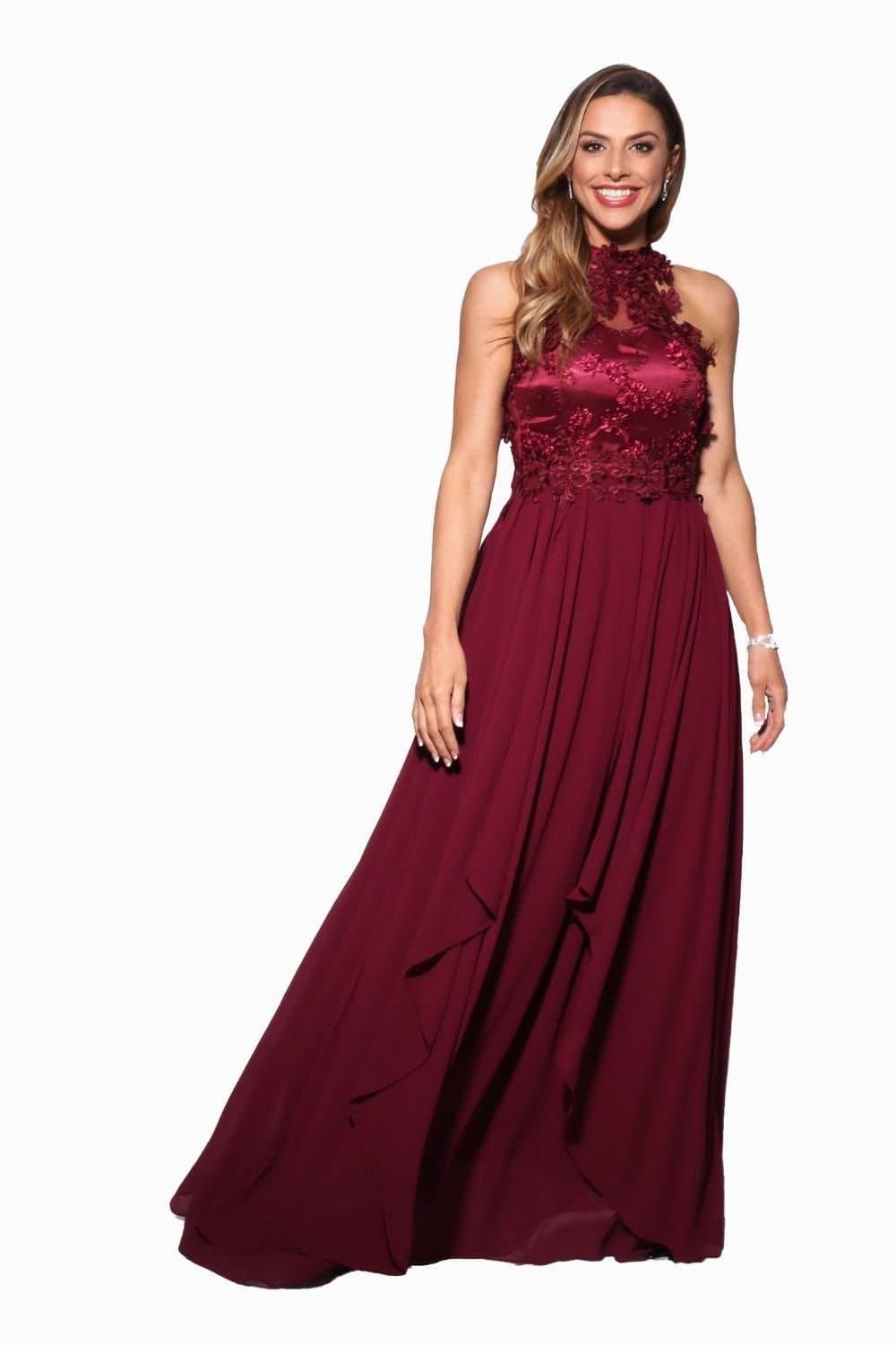 KRISP KRISP Women's Lace Halterneck Maxi Prom Dress in Red