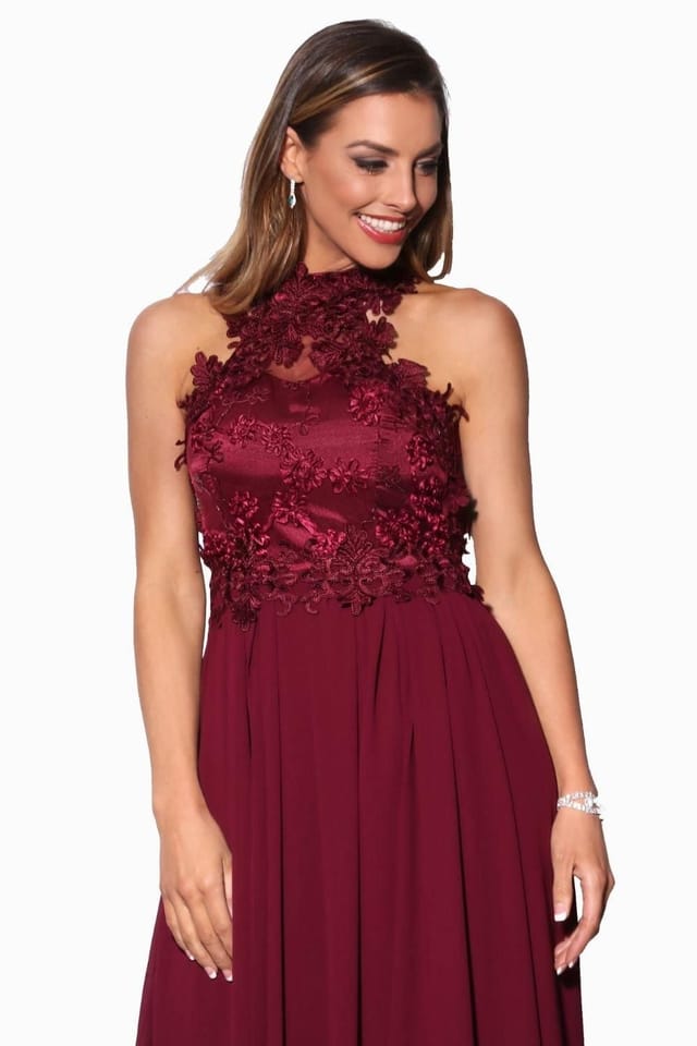 KRISP KRISP Women's Lace Halterneck Maxi Prom Dress in Red - 2