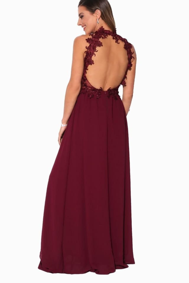 KRISP KRISP Women's Lace Halterneck Maxi Prom Dress in Red - 3