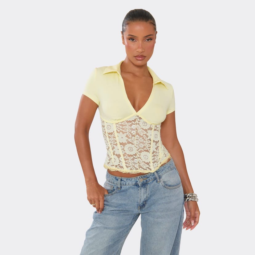 EGO Short Sleeve Lace Corset Waist Top In Lemon, Women's Size UK M/L - 1