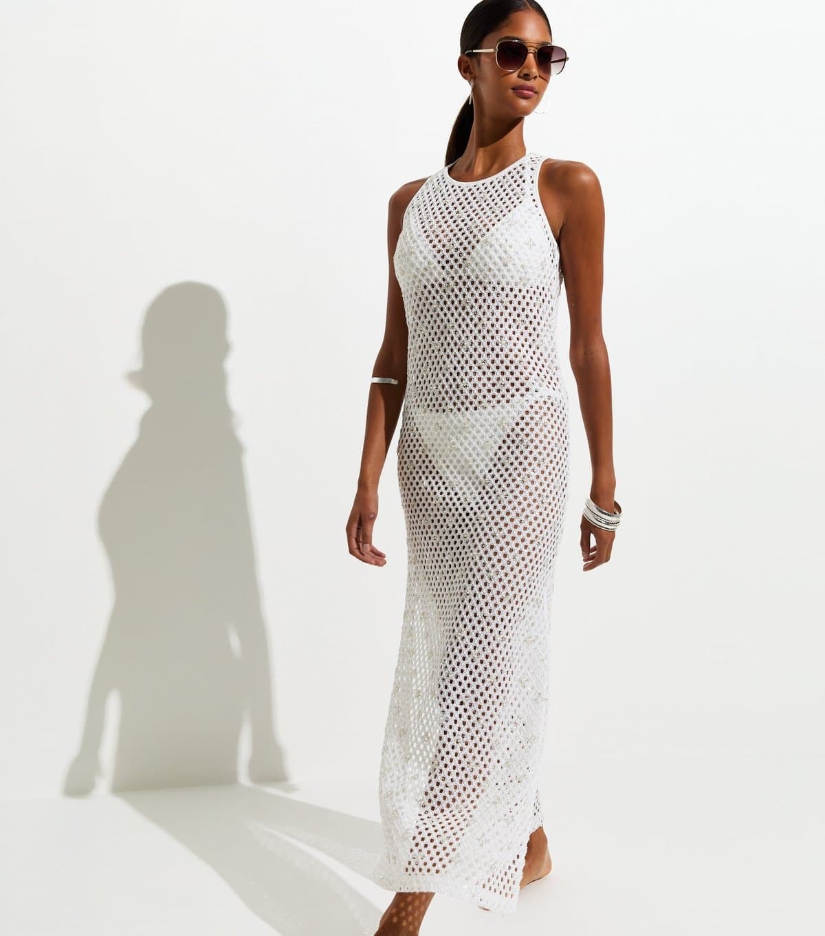 New Look Women's White Three Dimensional Open Knit Sequin Beach Maxi Dress New Look