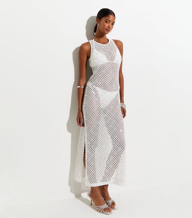 New Look Women's White Three Dimensional Open Knit Sequin Beach Maxi Dress New Look - 3