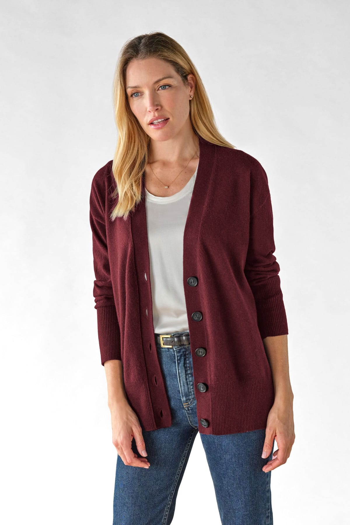 Pure Collection Pure Collection Women's Pure Cashmere Boyfriend Cardigan in Dark Red - 1
