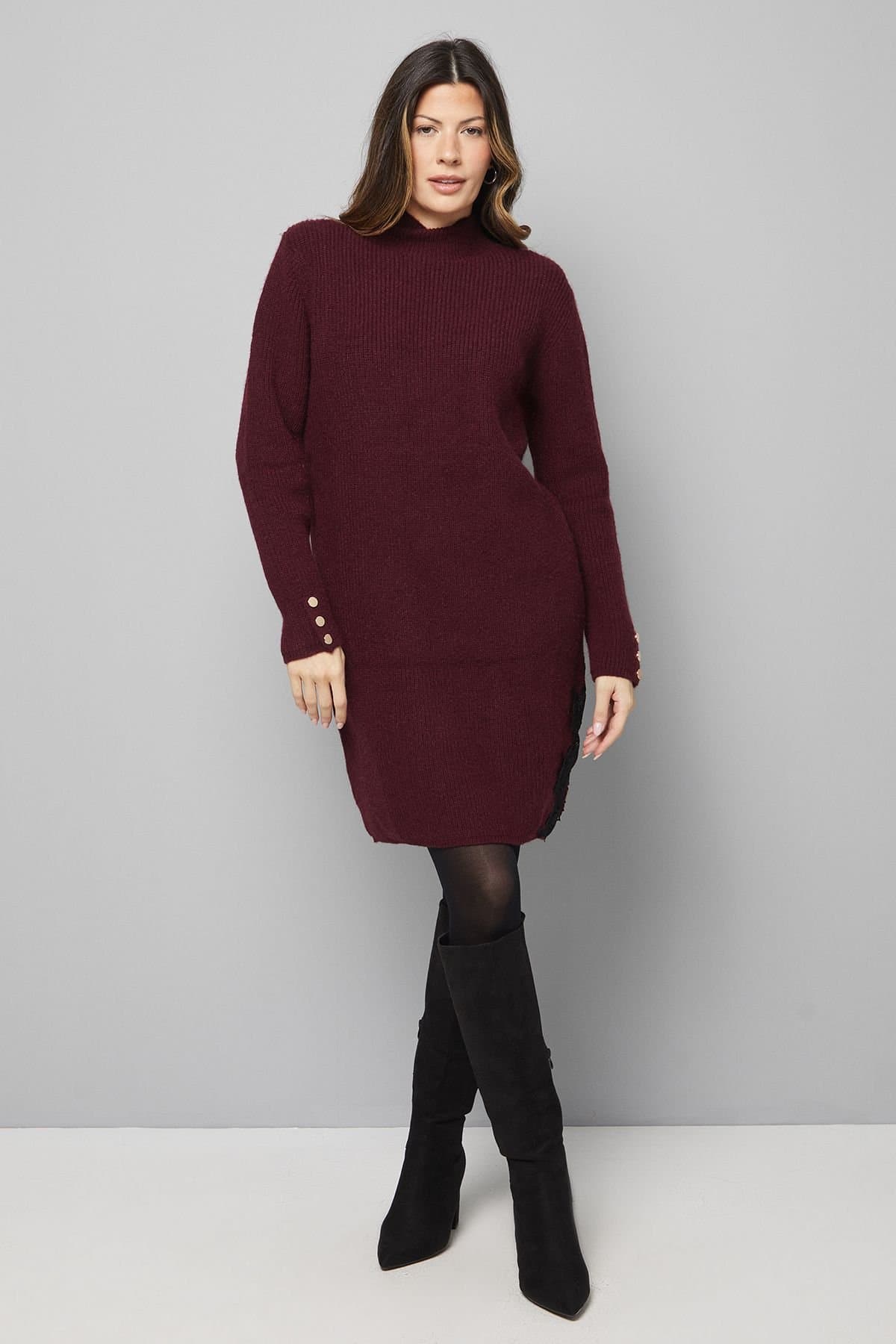 Wallis Wallis Women's Lace Detail Ribbed Knitted Dress in Wine