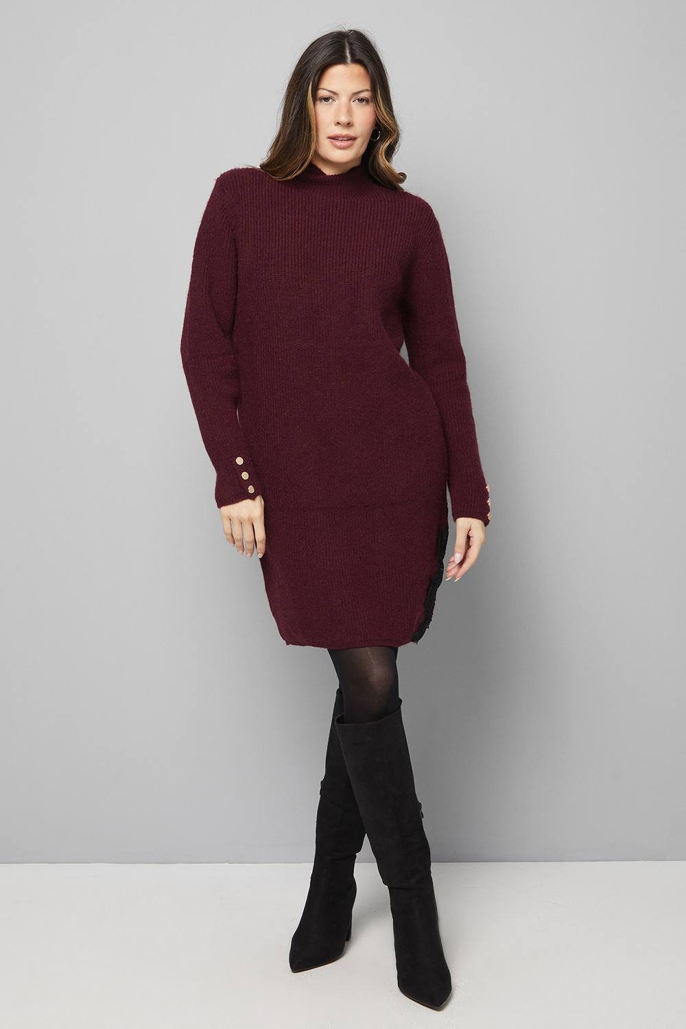 Wallis Wallis Women's Lace Detail Ribbed Knitted Dress in Wine - 2