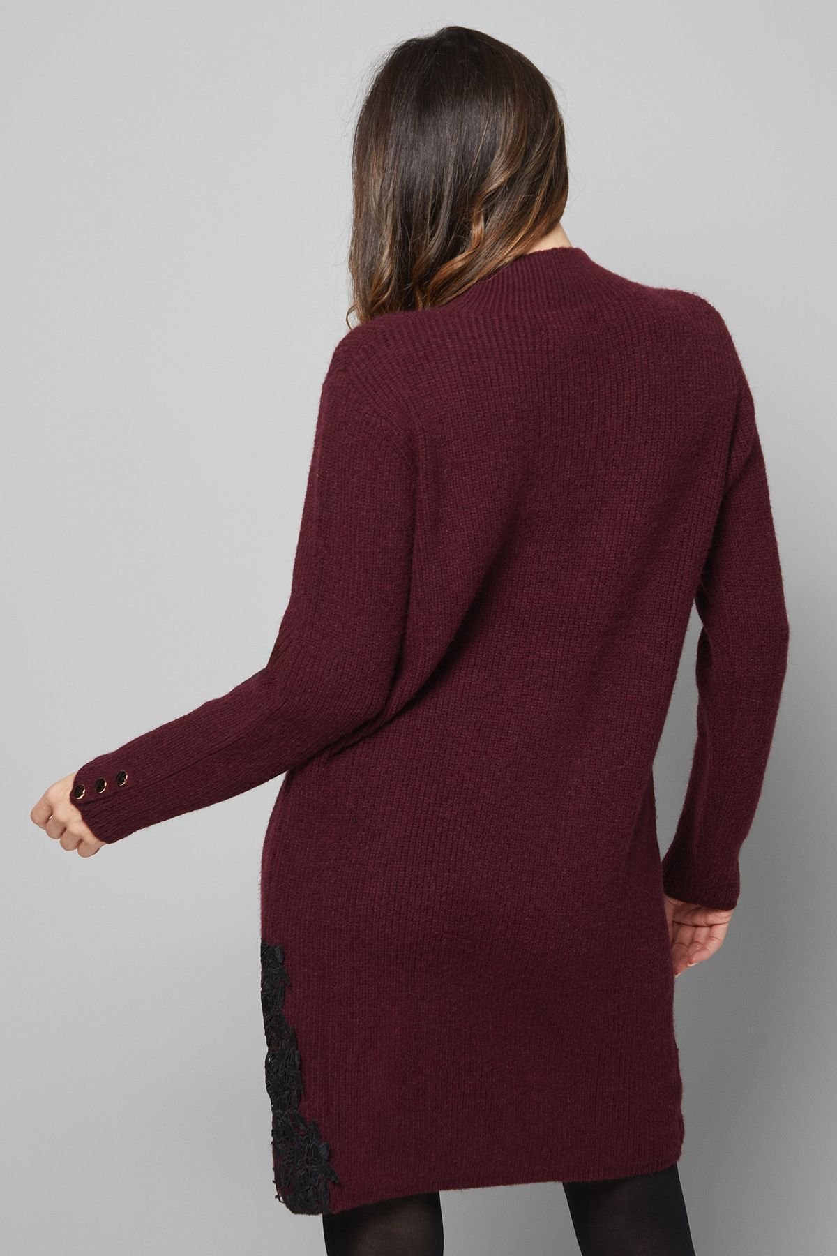 Wallis Wallis Women's Lace Detail Ribbed Knitted Dress in Wine - 3