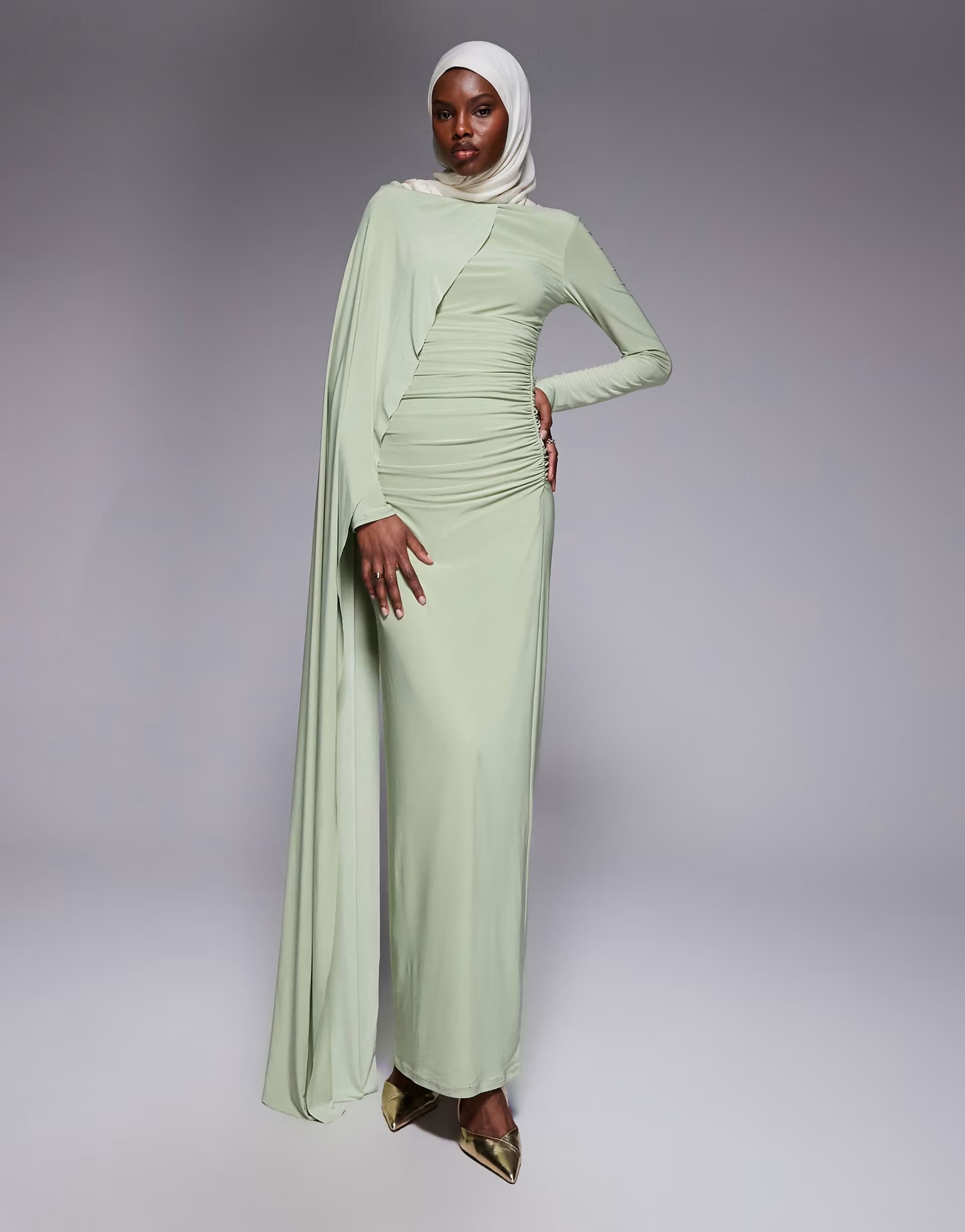 ASOS ASOS DESIGN long sleeve with drape detail and ruching maxi dress in sage