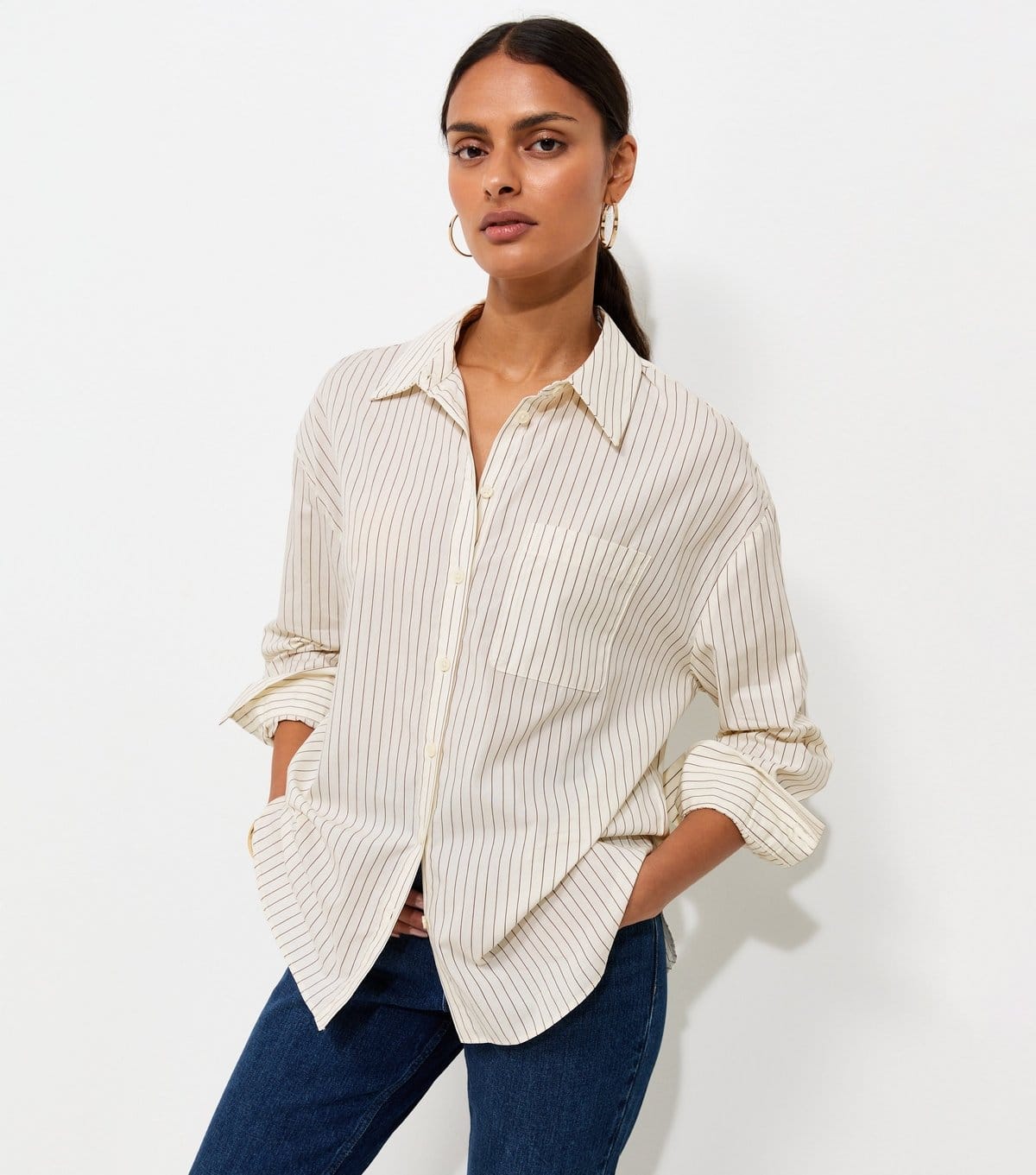New Look Cream Organic Cotton Striped Oversized Shirt