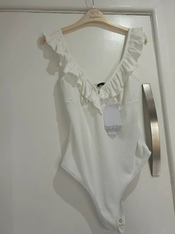 Bershka White Frilled Neckline Thong Bodysuit