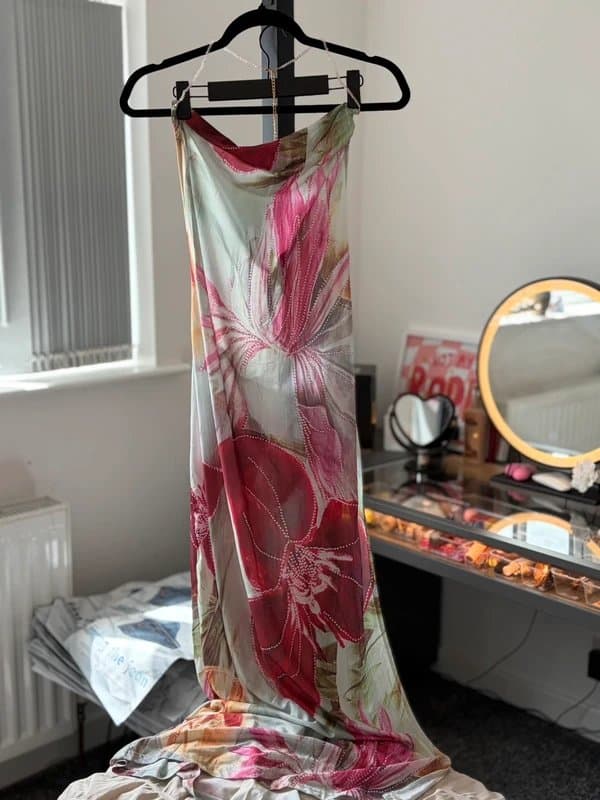 unbranded Zara Larson Euro Summer Floral Mesh Cowl Neck Maxi Dress With Leg Slit