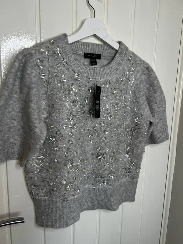 New Look New Look Grey Embellished Knit Top Size 12 Sparkly Beaded Jumper
