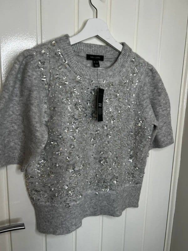 New Look New Look Grey Embellished Knit Top Size 12 Sparkly Beaded Jumper - 1