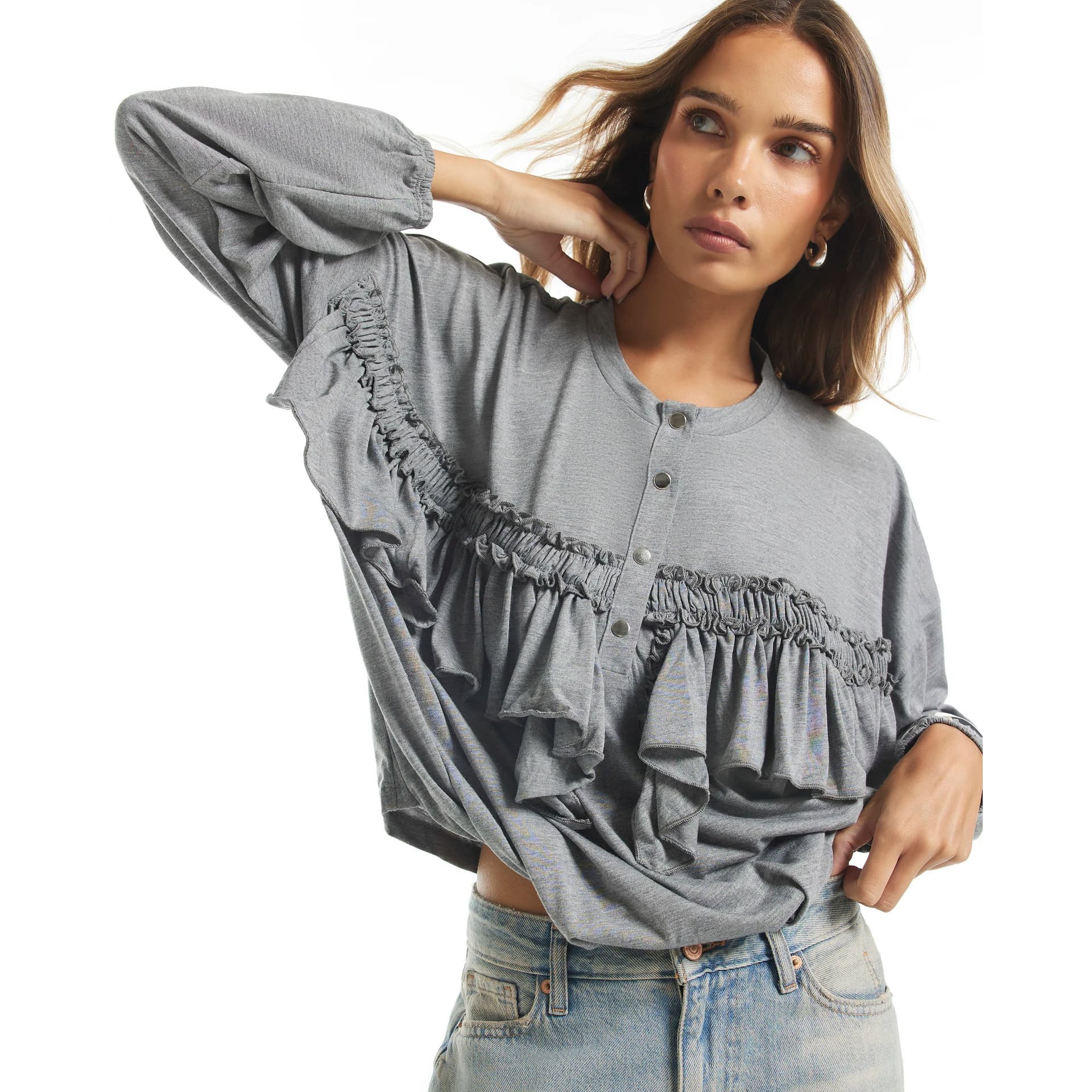 River Island River Island Womens Grey Frill Popper Long Sleeve Top