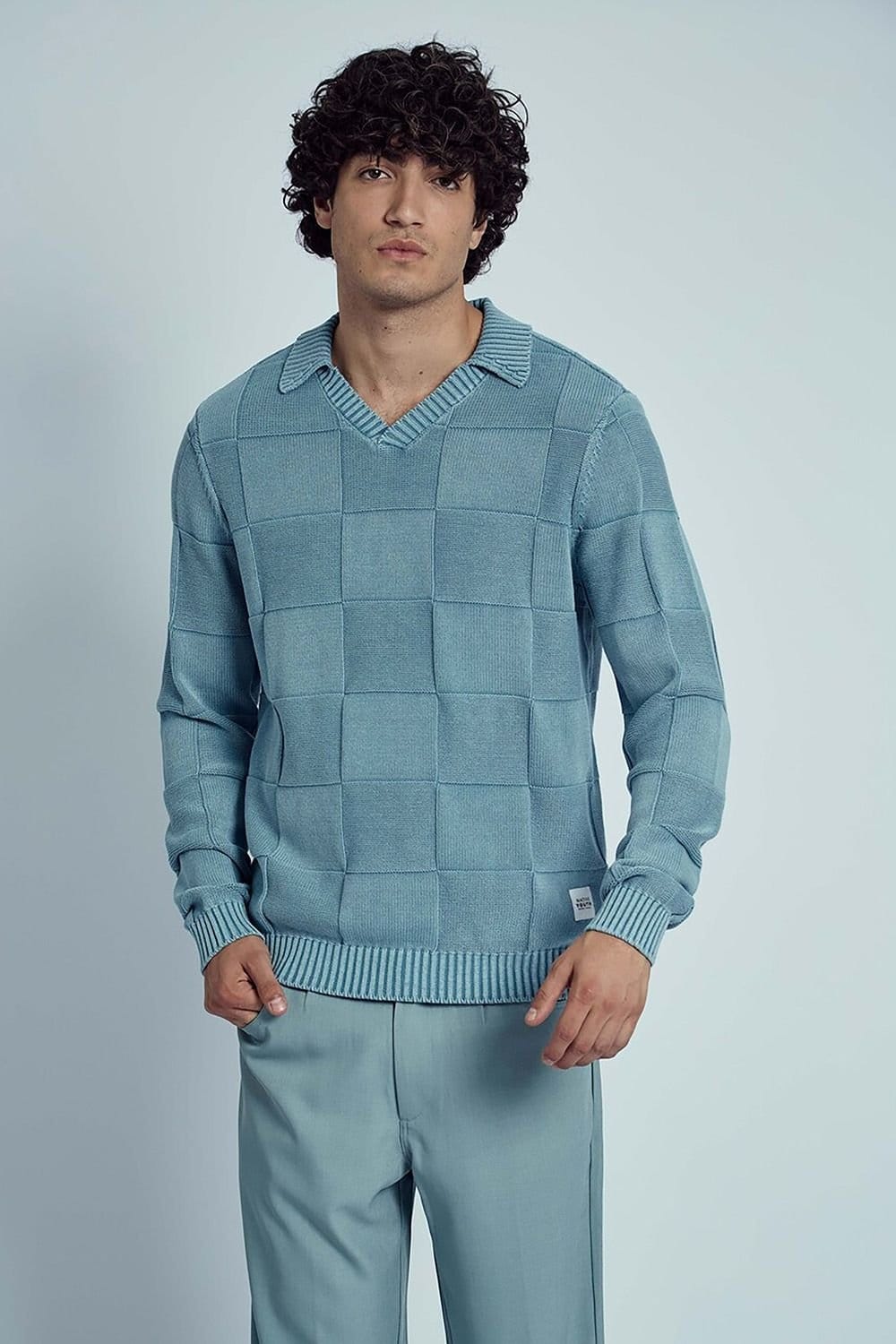 Native Youth Blue Cotton Checkerboard Polo Jumper