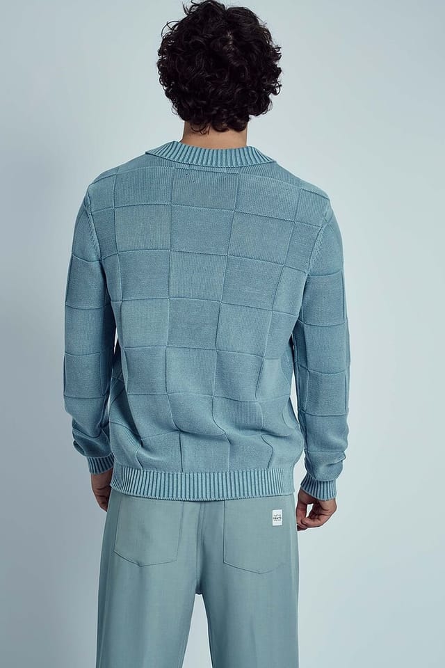 Native Youth Native Youth Men's Cotton Checkerboard Knitted V-Neck Polo Jumper in Blue - 2