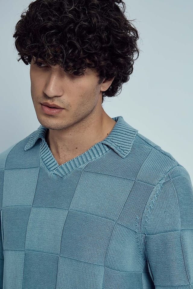 Native Youth Native Youth Men's Cotton Checkerboard Knitted V-Neck Polo Jumper in Blue - 3