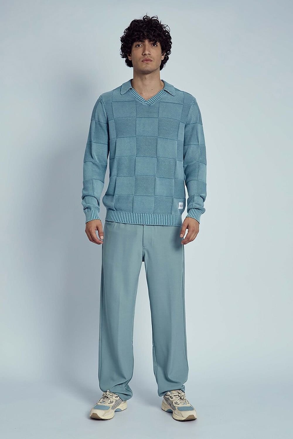 Native Youth Native Youth Men's Cotton Checkerboard Knitted V-Neck Polo Jumper in Blue - 4