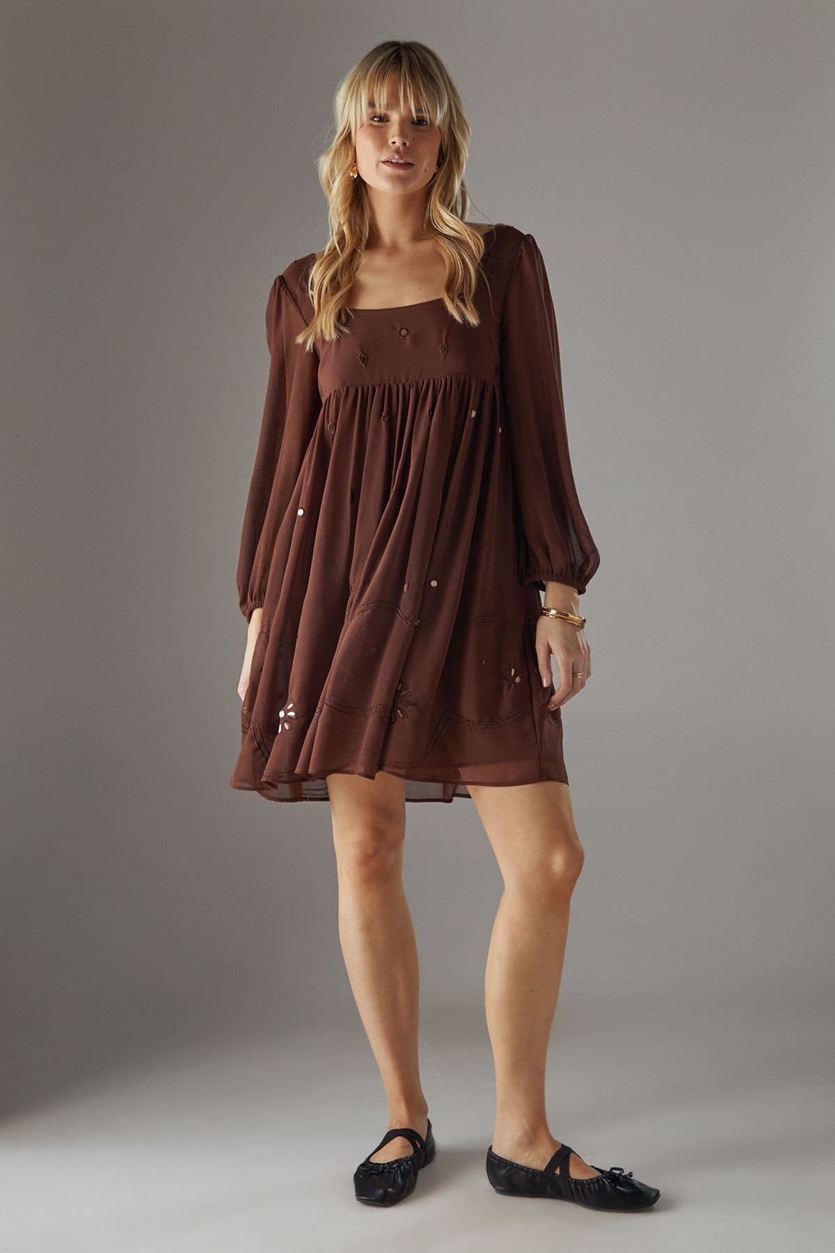 Warehouse Warehouse Women's Hand Embellished Sequin Square Neck Mini Dress in Chocolate