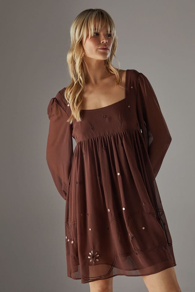 Warehouse Warehouse Women's Hand Embellished Sequin Square Neck Mini Dress in Chocolate - 2