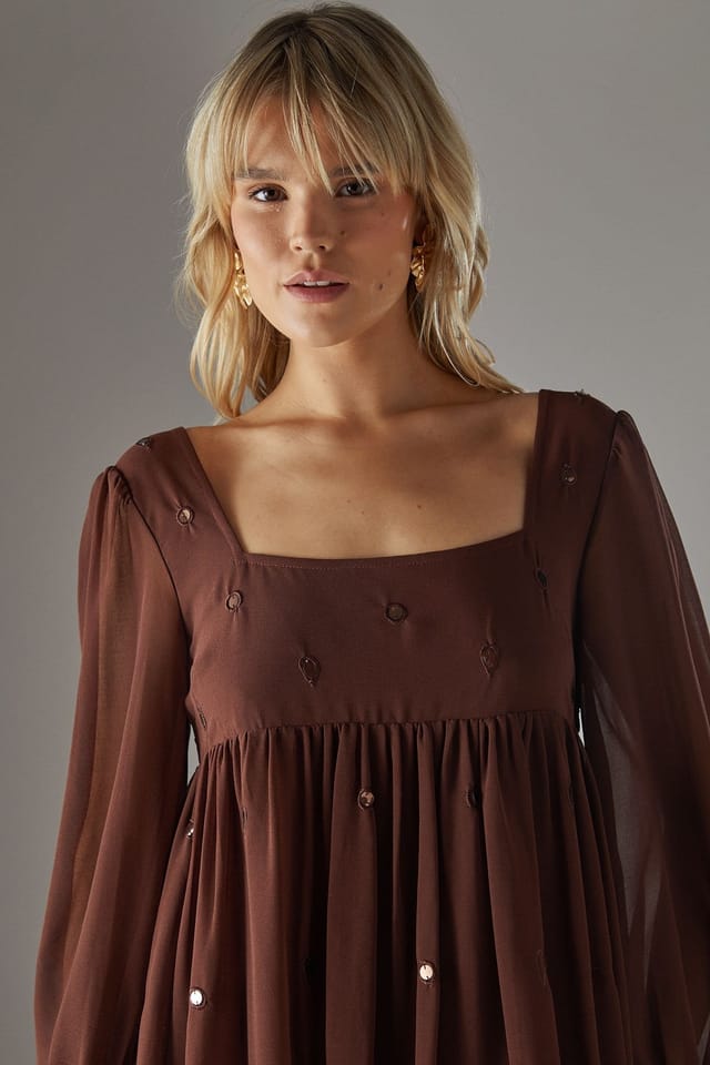 Warehouse Warehouse Women's Hand Embellished Sequin Square Neck Mini Dress in Chocolate - 3