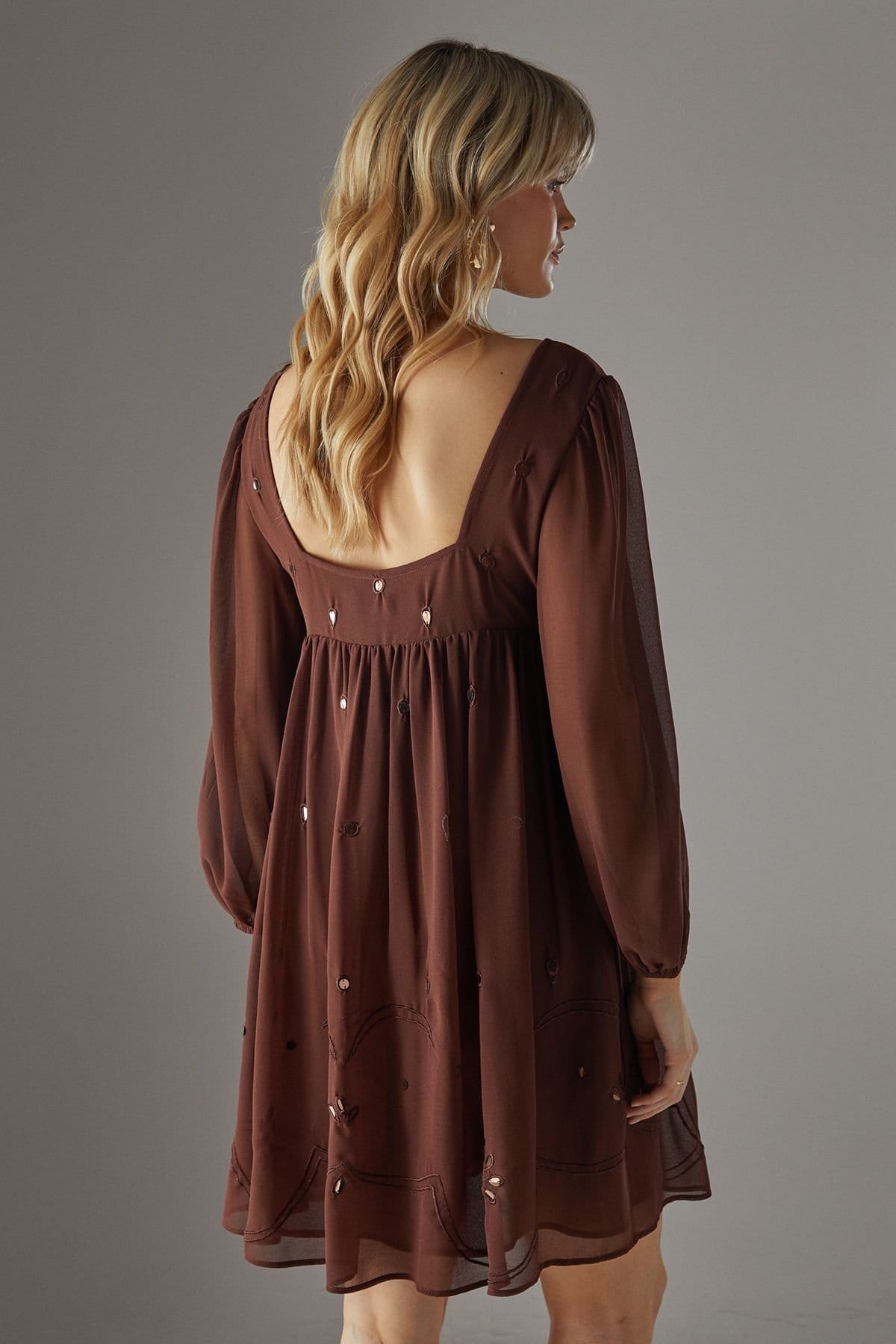 Warehouse Warehouse Women's Hand Embellished Sequin Square Neck Mini Dress in Chocolate - 4