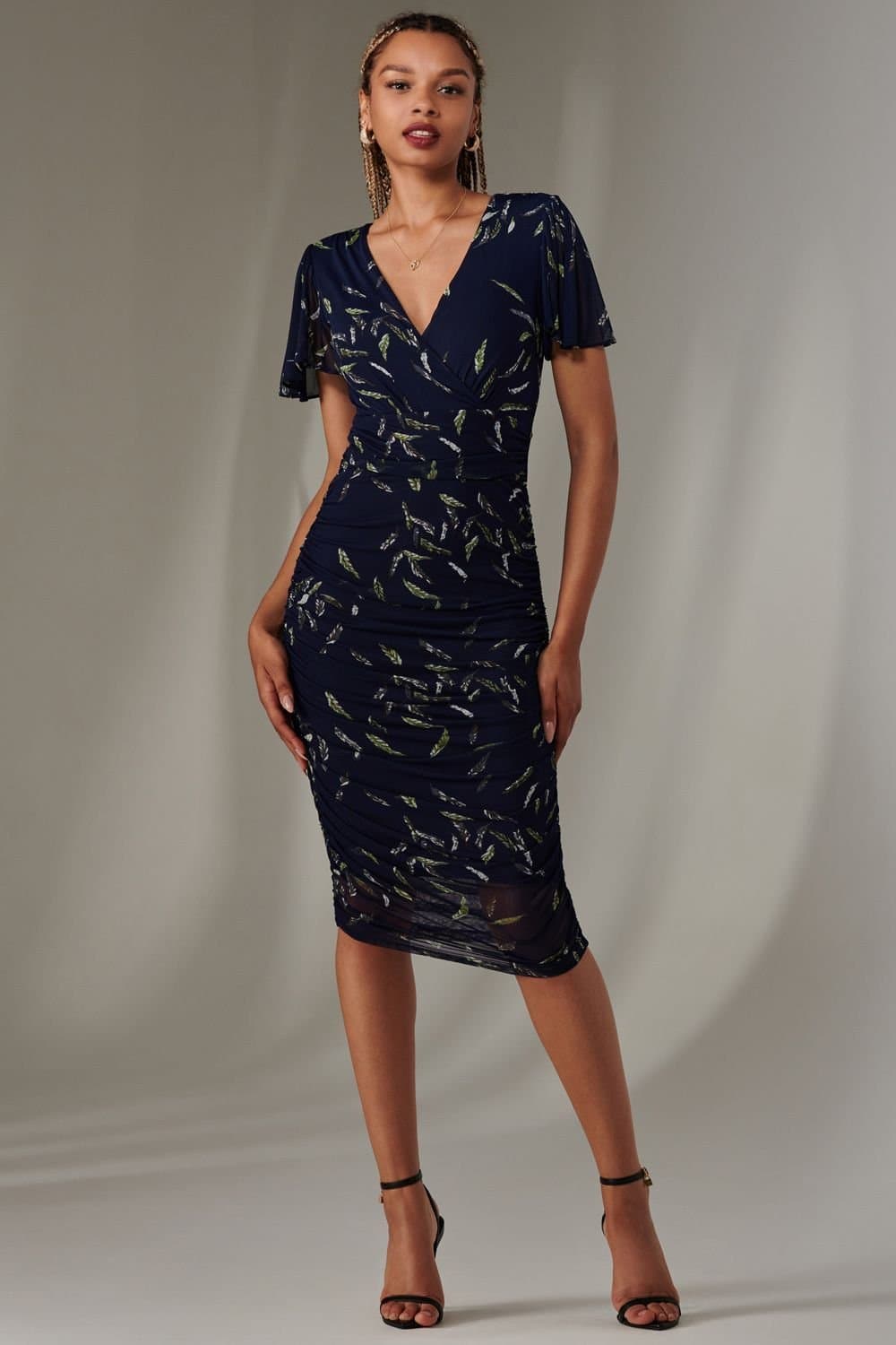 Jolie Moi Jolie Moi Women's Angel Sleeve Ruched Bodycon Dress in Navy