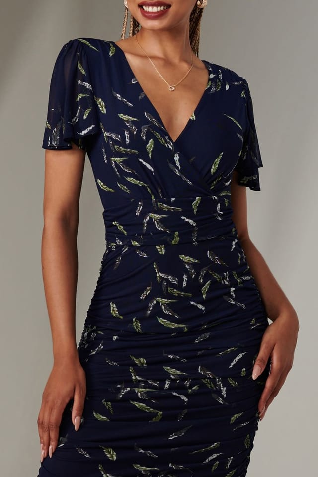 Jolie Moi Jolie Moi Women's Angel Sleeve Ruched Bodycon Dress in Navy - 3