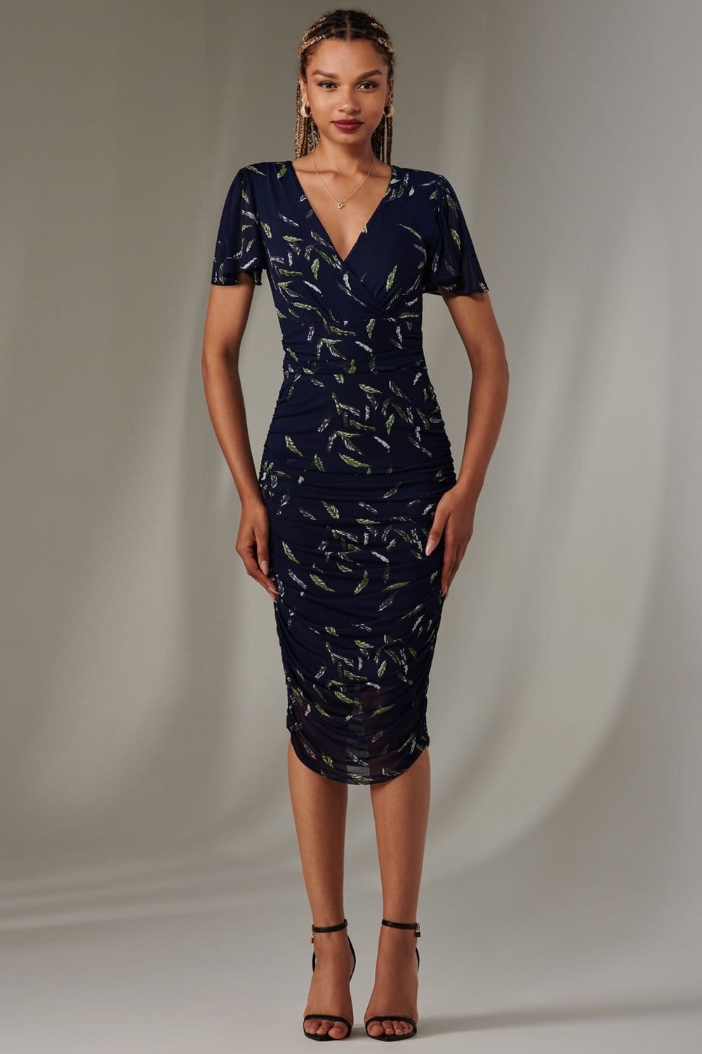 Jolie Moi Jolie Moi Women's Angel Sleeve Ruched Bodycon Dress in Navy - 4