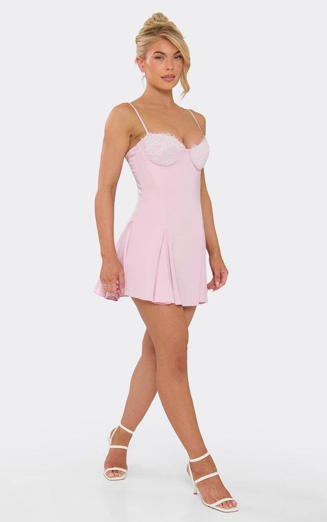 EGO Strappy Lace Cup Detail Mini Shift Dress In Pink Satin, Women's Size UK 6 - 2