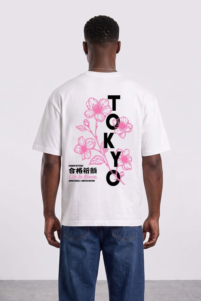 LONDON ATTITUDE LONDON ATTITUDE Men's Tokyo City in Bloom Oversized Heavyweight Printed T-Shirt in White - 3