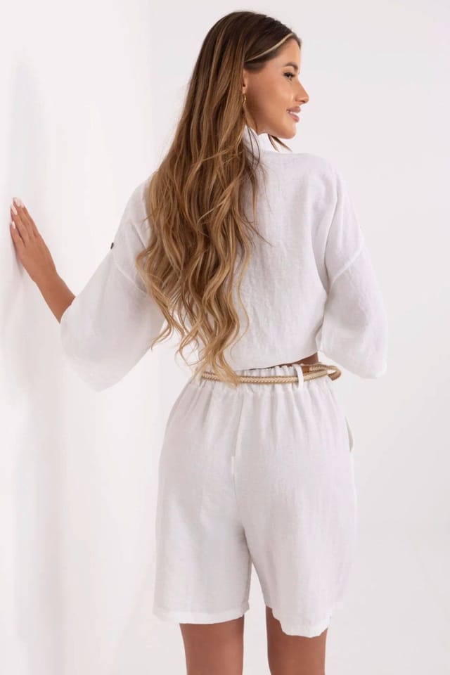 Love Lace Love Lace Women's Boho Linen Viscose High Waist Belt Shorts in White - 3