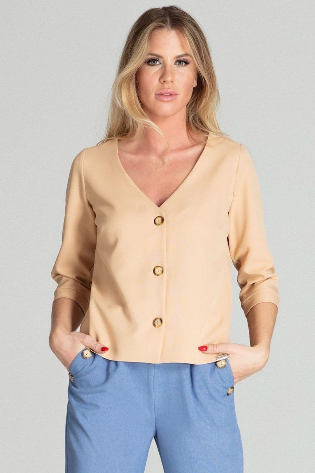 Love Lace Beige V-neck 3/4 Sleeve Button Shirt