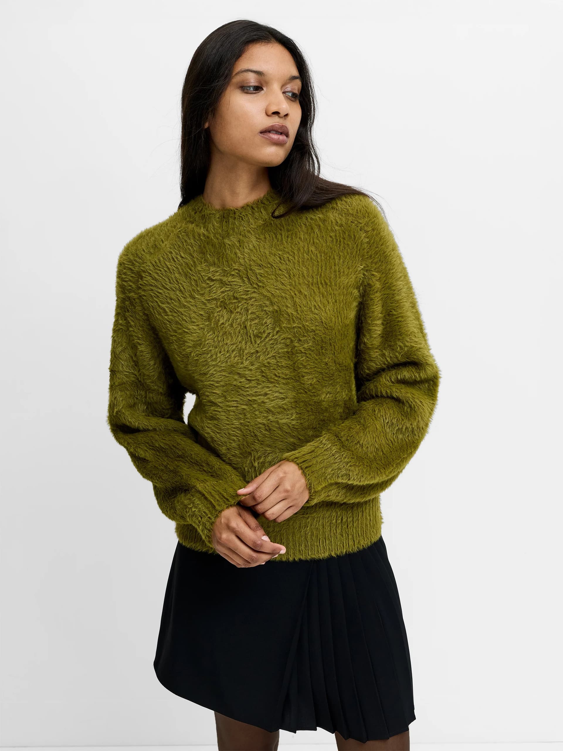 French Connection Lucille Green Fluffy Knit Jumper Moss Green