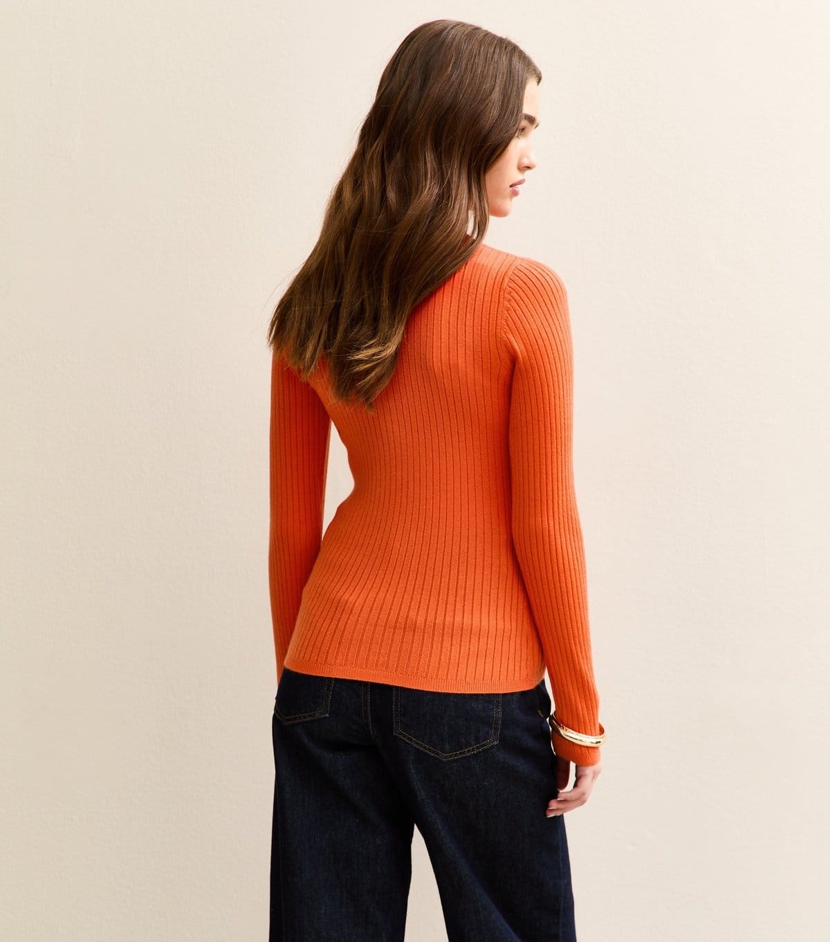 New Look Women's Bright Orange Lightweight Ribbed Knit Button Placket Jumper New Look - 4