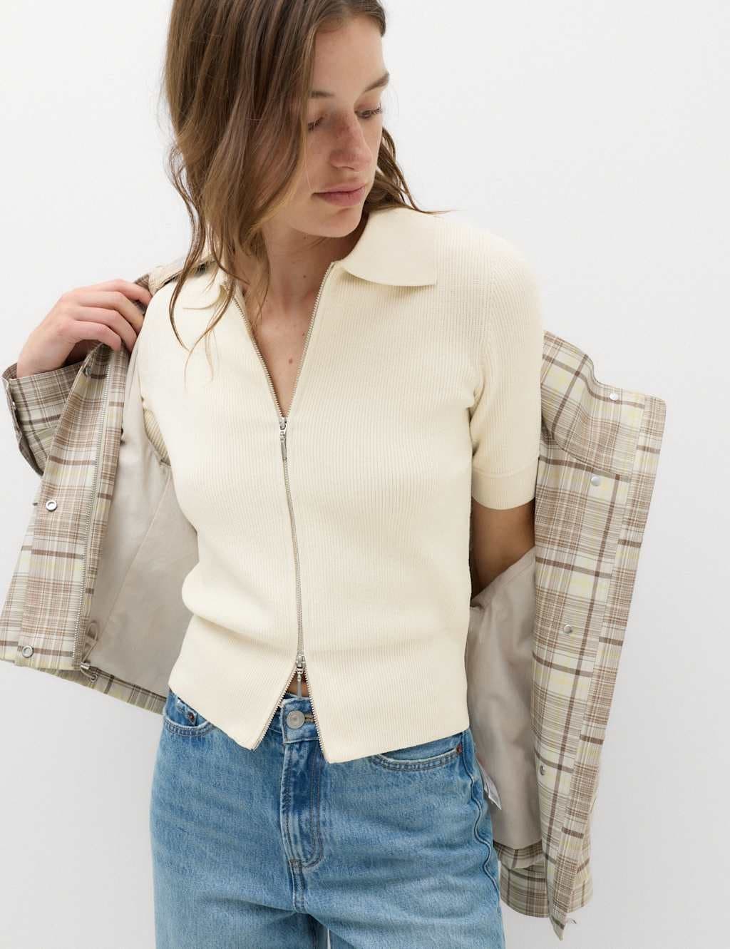 Marks & Spencer M&S Collared Zip Up Slim Fit Cardigan Ivory