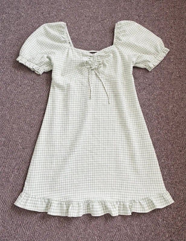 New Look New Look Green Gingham Mini Dress UK 14 Puff Sleeve Milkmaid Cottagecore