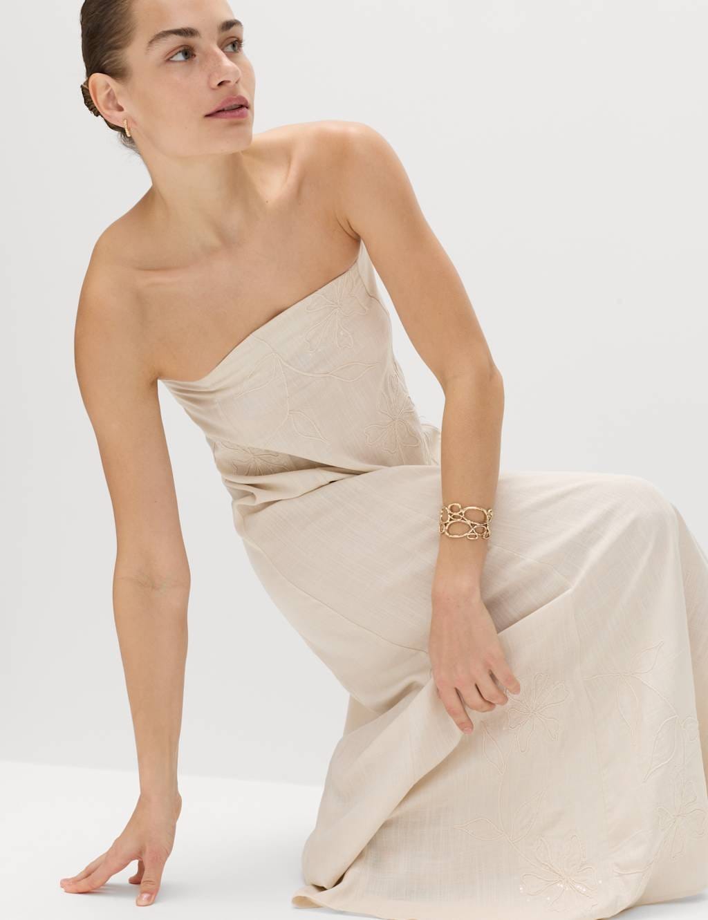 M&S Cream Linen Bandeau Embroidered Maxi Dress
