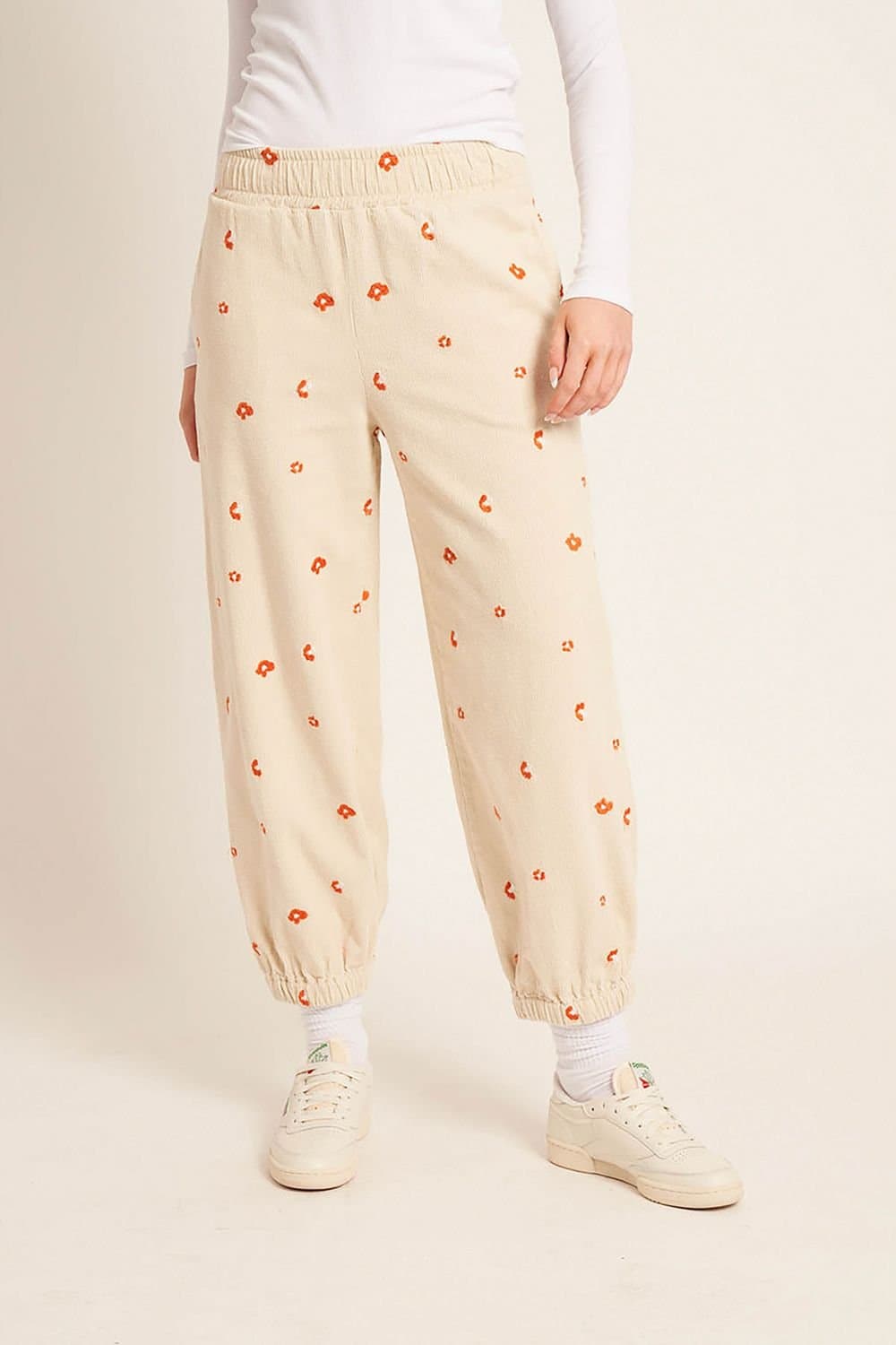 Native Youth Native Youth Women's Cotton Blend Corduroy Floral Embroidered Elasticated Trousers in Cream