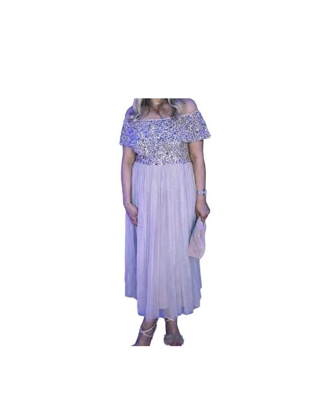 Beauut Beauut Bardot ASOS pink sparkly sequin midi dress UK 12 wedding occasion tulle skirt embellished