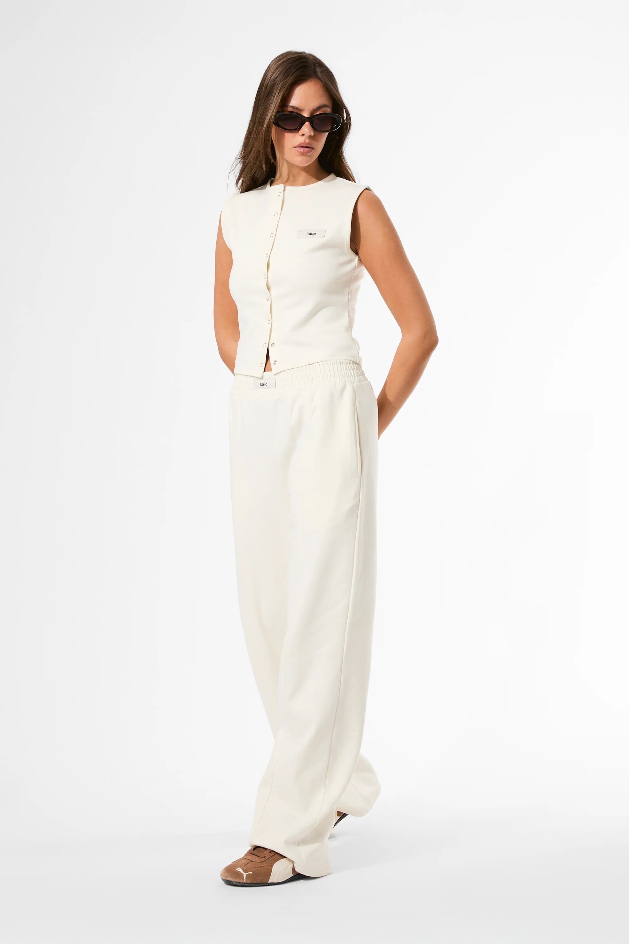 Kaiia Kaiia Label Logo Premium Interlock Seam Detail Wide Leg Joggers Cream - 3