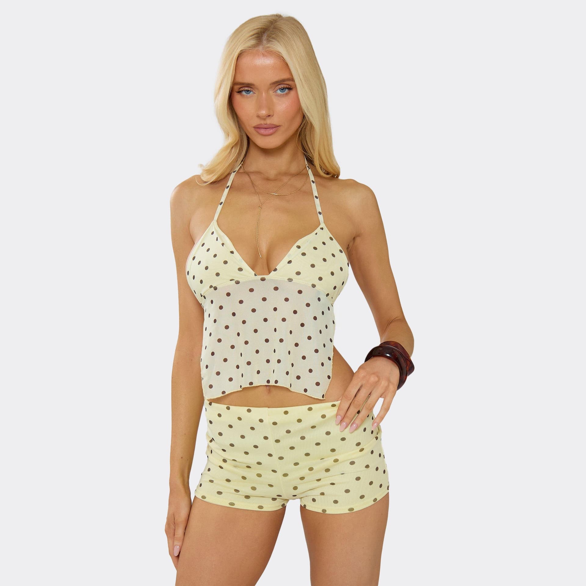 EGO EGO Yellow Polka Dot Halter Neck Mesh Panel Crop Top