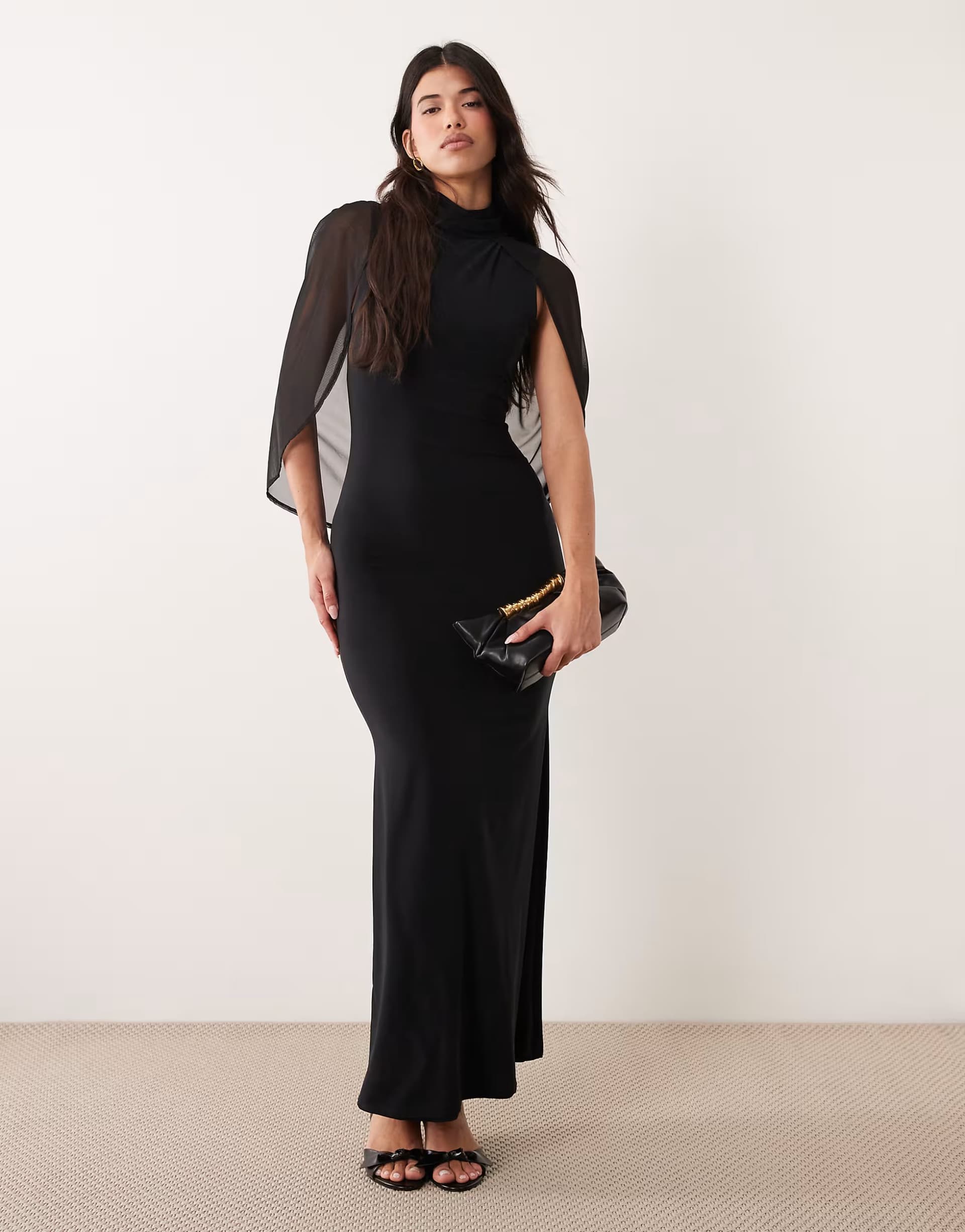 ASOS ASOS DESIGN soft touch cape sleeve detail puddle maxi dress in black