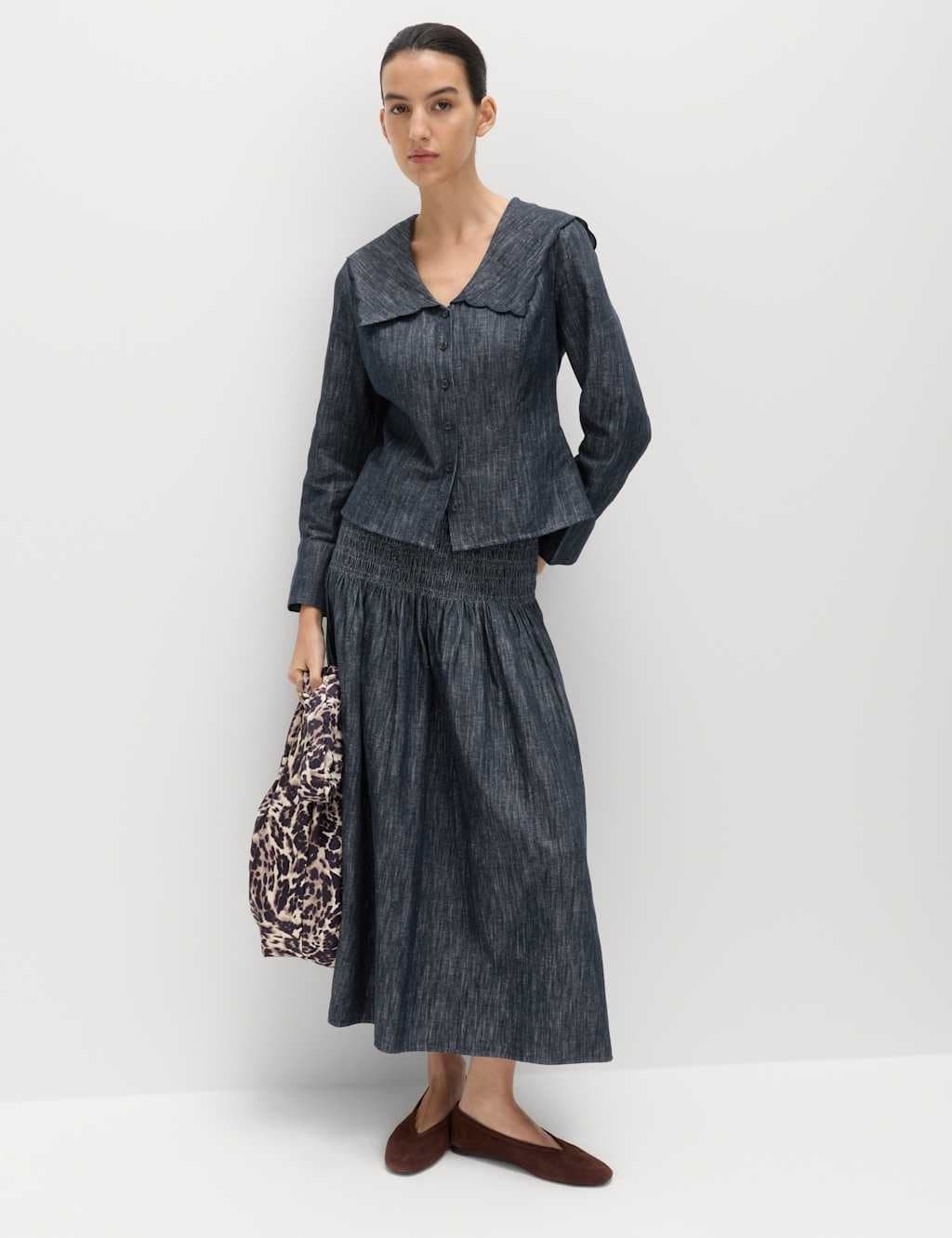 Marks & Spencer M&S Linen Blend Denim Shirred Midaxi Drop Waist Skirt Blue