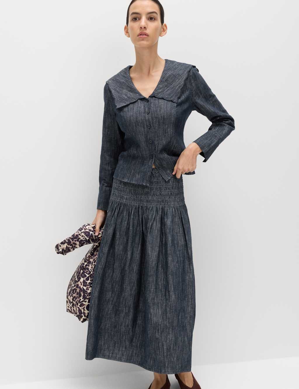 Marks & Spencer M&S Linen Blend Denim Shirred Midaxi Drop Waist Skirt Blue - 2