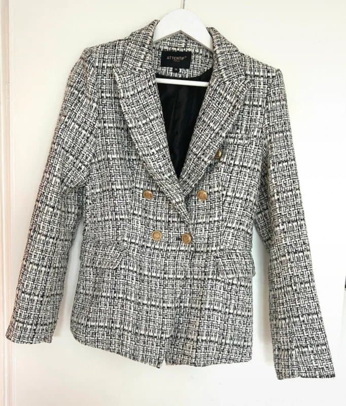 attentif 🖤Attentif Paris Size 36 Black & White Tweed Double Breasted Blazer Gold Buttons Smart Jacket🖤