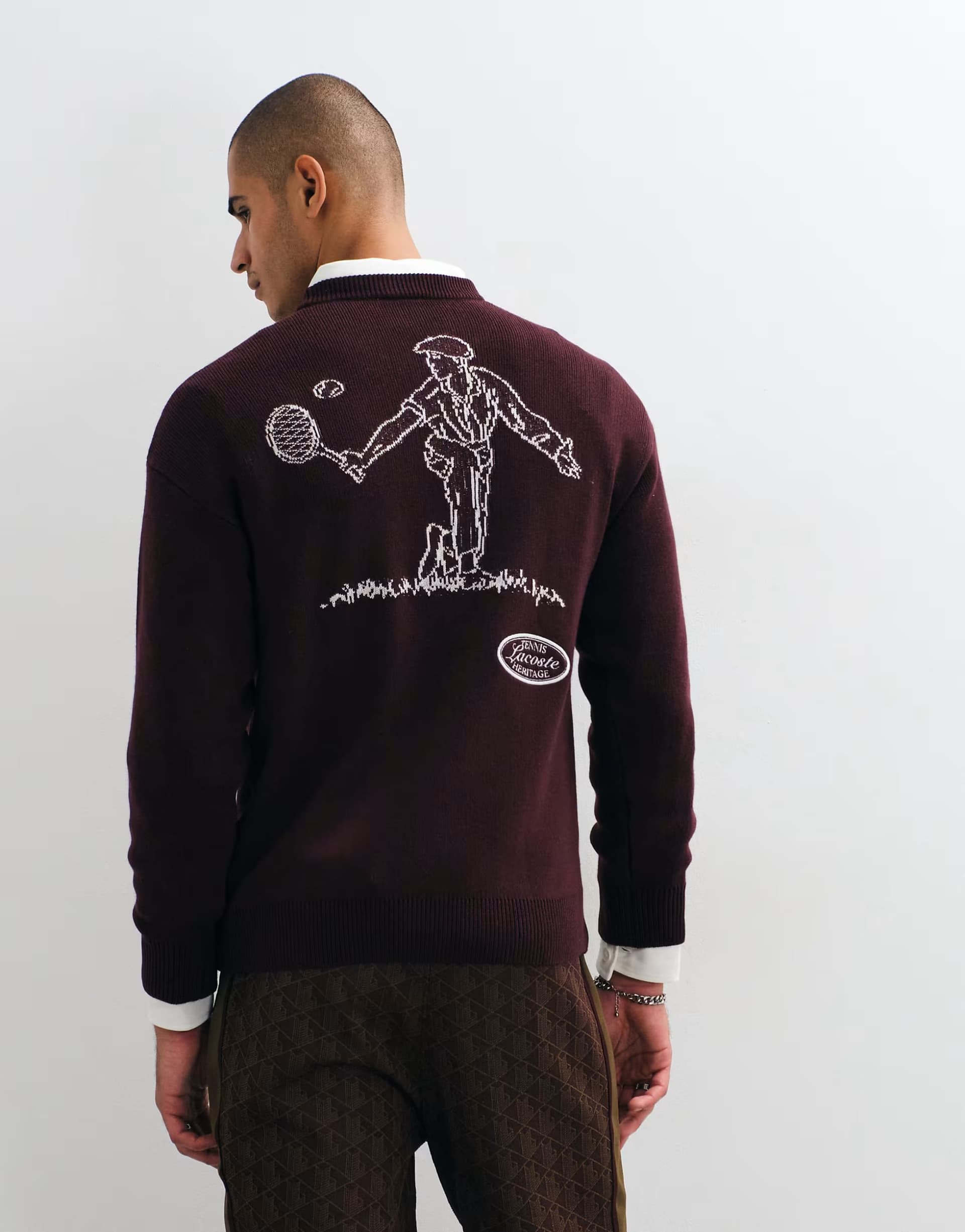 ASOS Lacoste tennis heritage back graphic jaquard wool blend crew neck sweater in burgundy